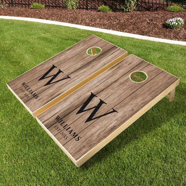 Rustic Barn Wooden Board Family Name Monogram Cornhole Set (Creator Uploaded)