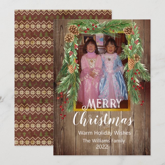 Rustic Barnboard, Pine Garland, Photo Christmas Card (Front/Back)