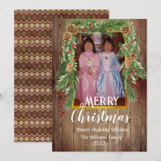 Rustic Barnboard, Pine Garland, Photo Christmas Card