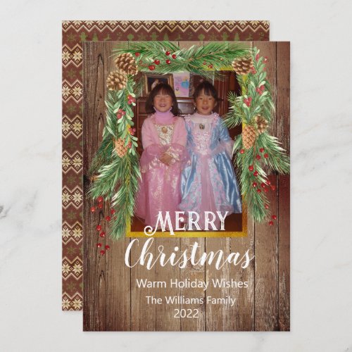 Rustic Barnboard Pine Garland Photo Christmas Card