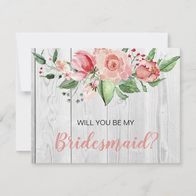 Rustic Barnwood Blush Floral Bridesmaid Proposal Invitation (Front)