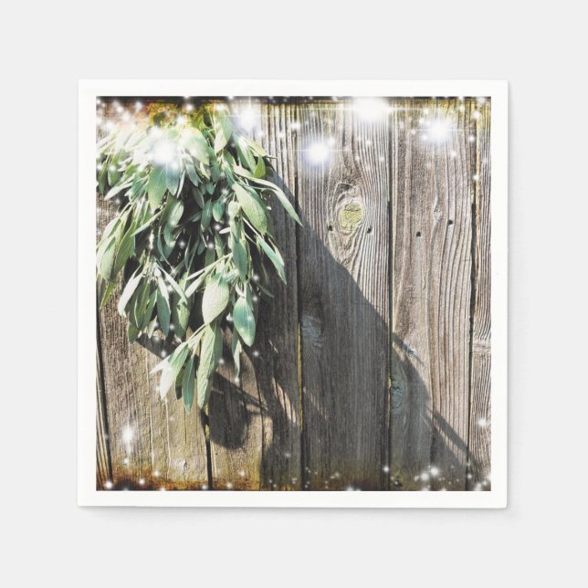 Rustic barnwood botanical greenery twinkle lights napkins (Front)