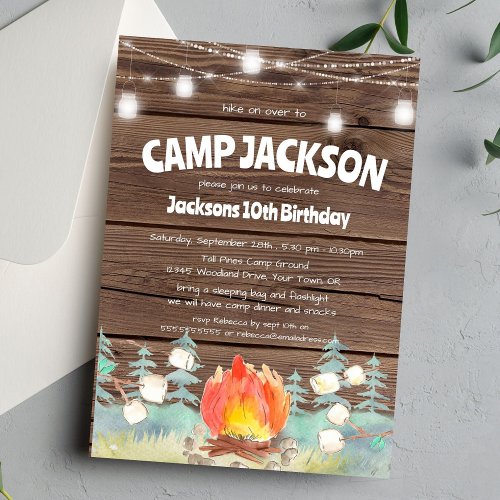 Rustic Barnwood Camping Birthday Invitation