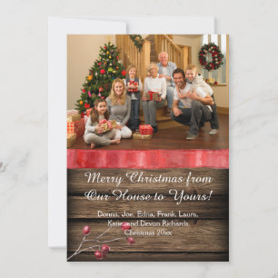 Rustic Barnwood Candle Holly Berries Photo Xmas Holiday Card