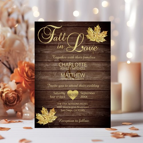 Rustic Barnwood Country Gold FALL IN LOVE Wedding Invitation