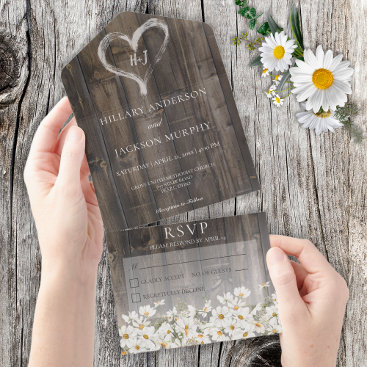 Rustic Barnwood & Daisies No Dinner All In One Invitation