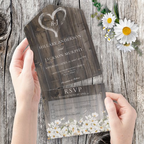 Rustic Barnwood  Daisies No Dinner All In One Invitation