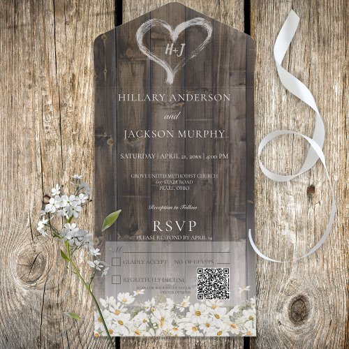 Rustic Barnwood  Daisies QR Code All In One Invitation