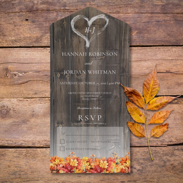 Rustic Barnwood & Fall Leaves No Dinner All In One Invitation (Rustic Barnwood & Fall Leaves All In One Wedding Invitation without Dinner Options)