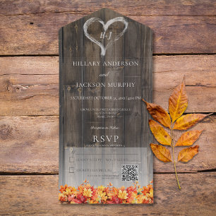 Rustic Barnwood & Fall Leaves QR Code All In One Invitation