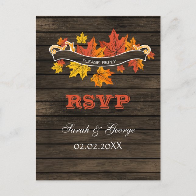 rustic barnwood fall wedding rsvp invitation postcard (Front)