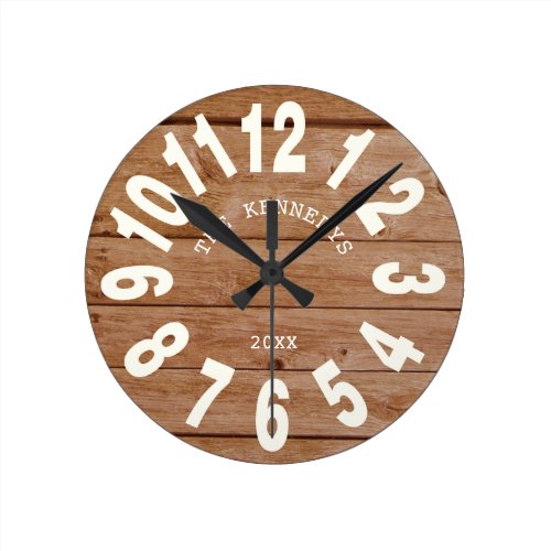 Rustic Barnwood Farmhouse Family  Large Numbers Round Clock