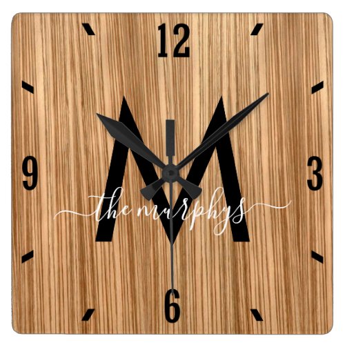 Rustic Barnwood Farmhouse Monogram Square Wall Clock - A farmhouse style wall clock featuring a rustic wood effect background, your initial as the centrepiece, and family name in an elegant script font.