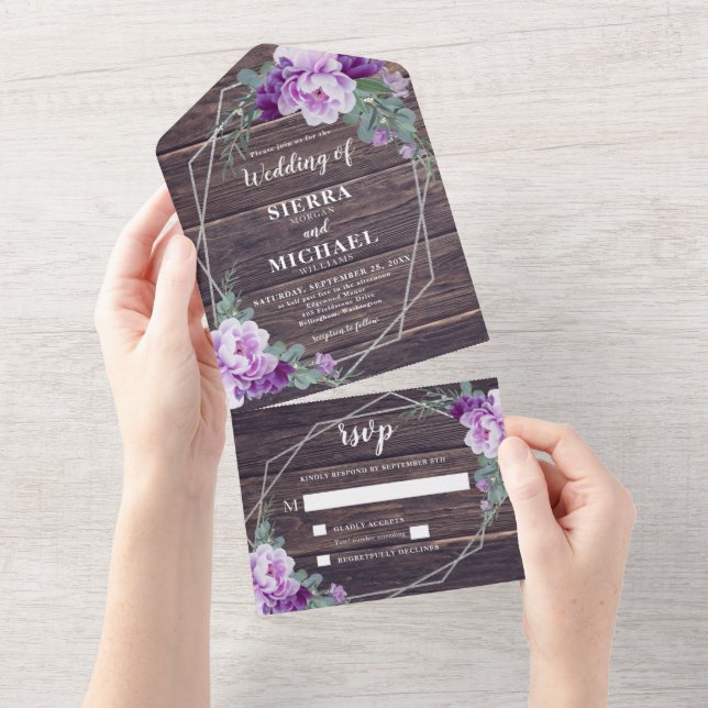 Rustic Barnwood Floral Silver & Purple Wedding All In One Invitation (Tearaway)