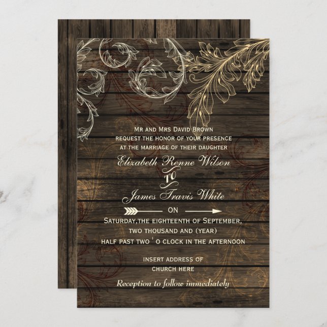 Rustic Barnwood, flourish wedding Invitation (Front/Back)