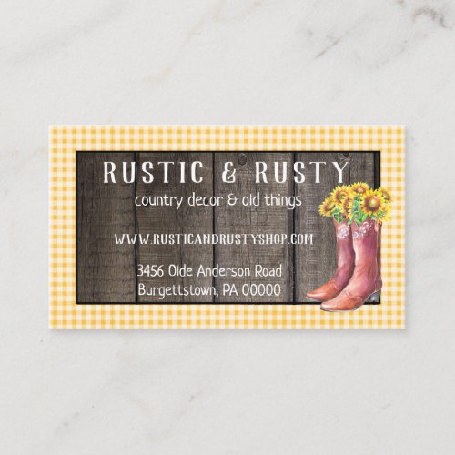 Rustic Barnwood  Gingham Sunflower Country Business Card