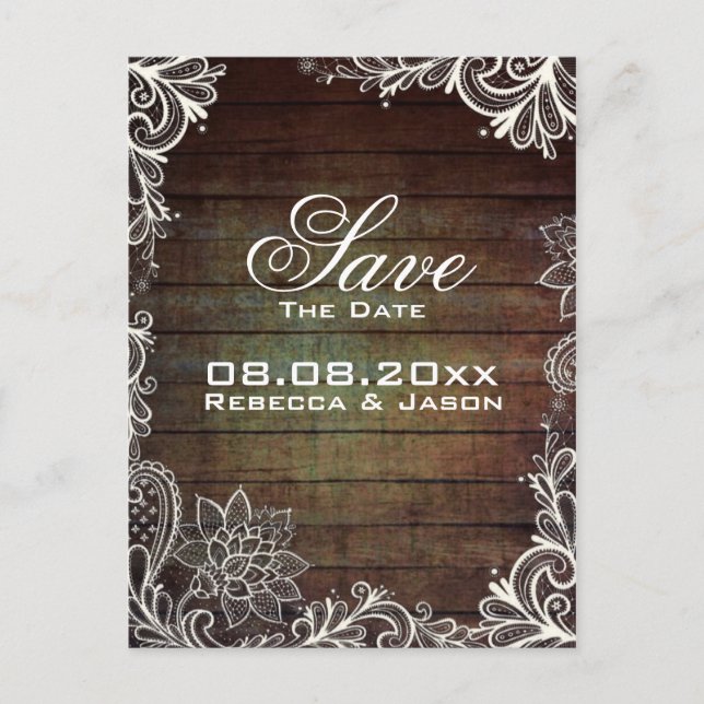 rustic barnwood lace country wedding save the date announcement postcard (Front)