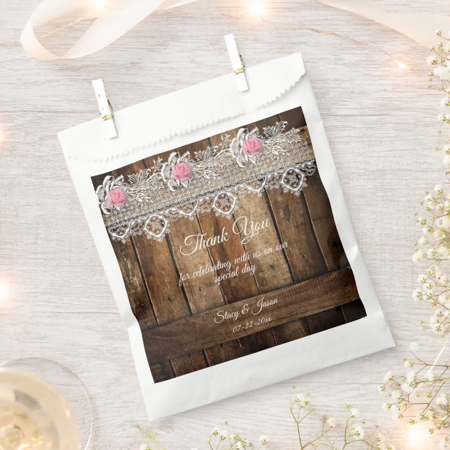 Rustic Barnwood, Lace & Roses Wedding Favor Bag (Clipped)