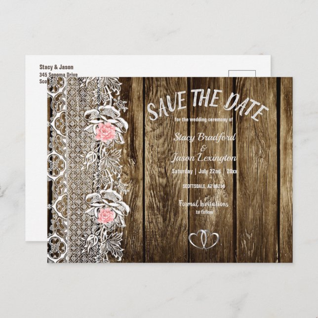 Rustic barnwood & Lace Save The Date Wedding Postcard (Front/Back)