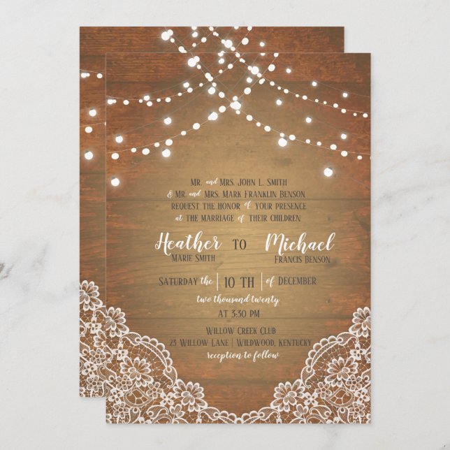 Rustic Barnwood Lace String Lights Wedding W/RSVP Invitation (Front/Back)