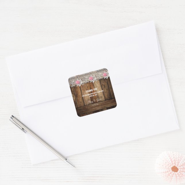 Rustic Barnwood & Lace Wedding  Square Sticker (Envelope)