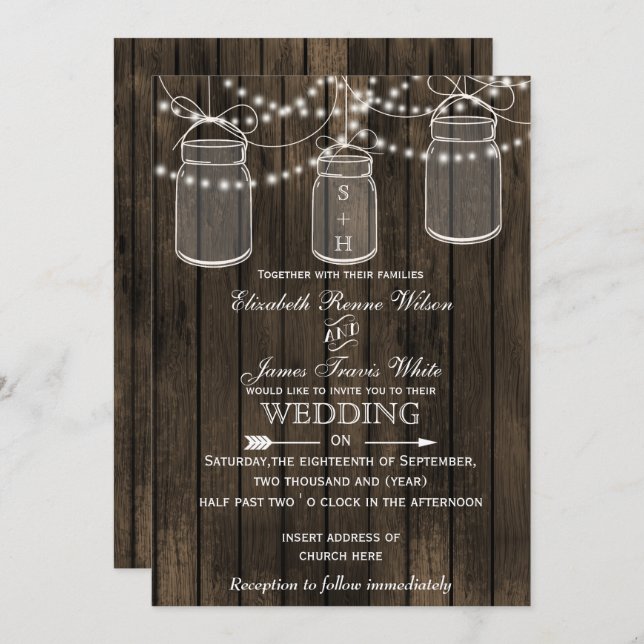 Rustic Barnwood, mason jar wedding invitations (Front/Back)