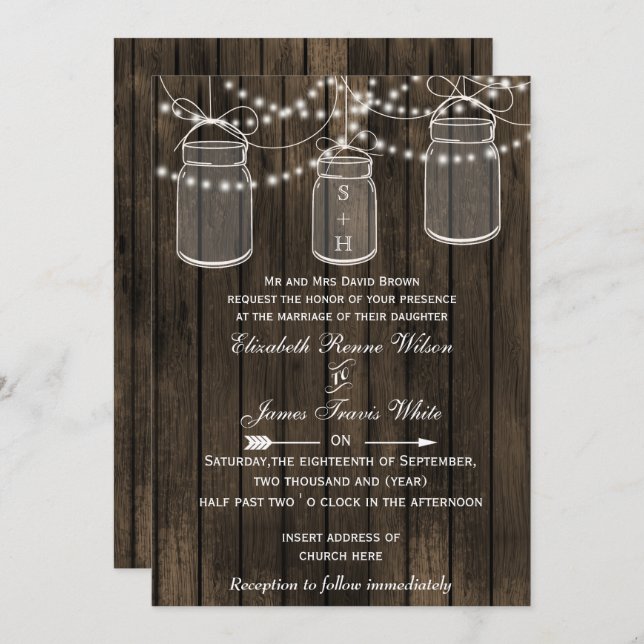 Rustic Barnwood, mason jar wedding invites (Front/Back)