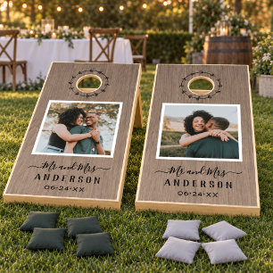Rustic Barnwood Mr and Mrs Photo Wedding Cornhole Set