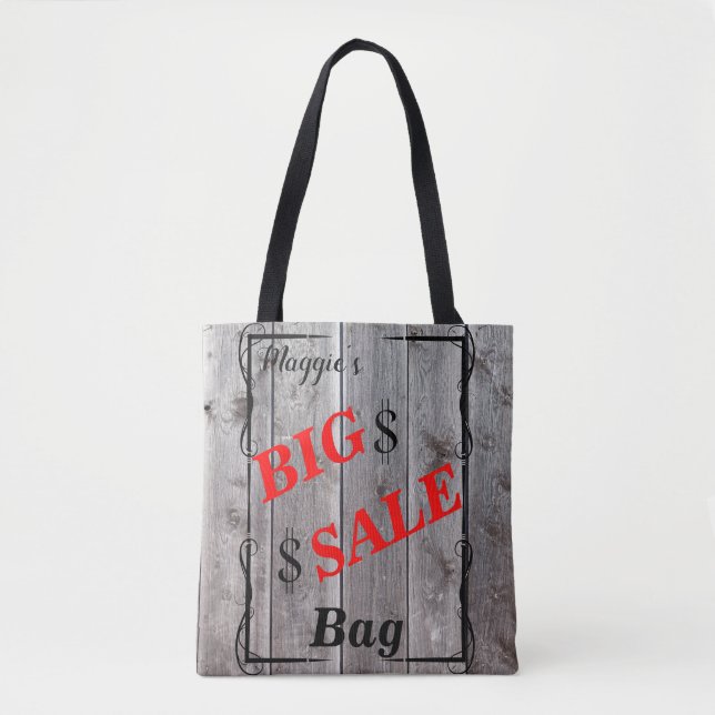 Rustic Barnwood Personalized Bargain Hunter Sale Tote Bag (Front)