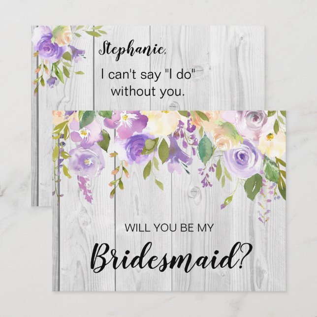 Rustic Barnwood Purple Floral Bridesmaid Proposal Invitation (Front/Back)