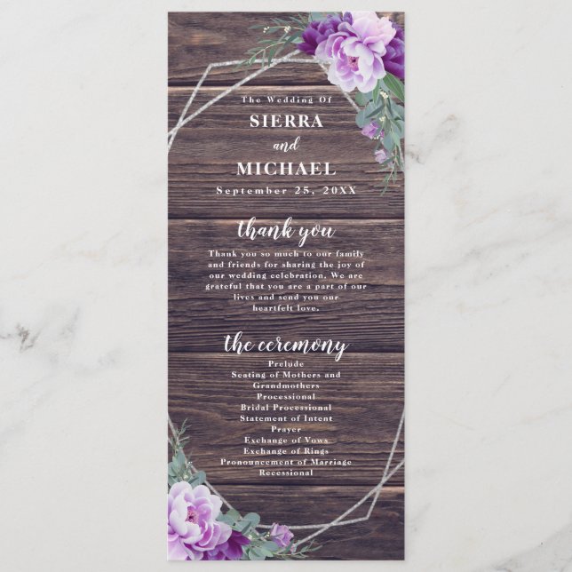 Rustic Barnwood Purple & Silver Floral Wedding Program (Front)