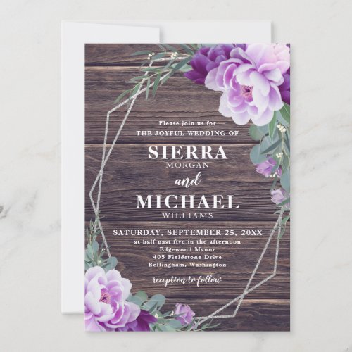 Rustic Barnwood Silver  Purple Floral Wedding Invitation