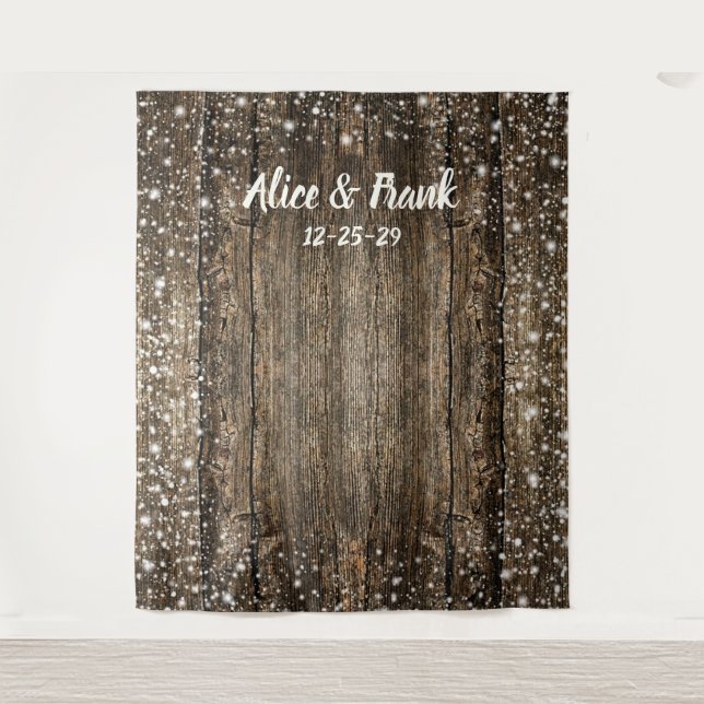 Rustic BarnWood Snowflakes Winter Wedding Backdrop (Front)