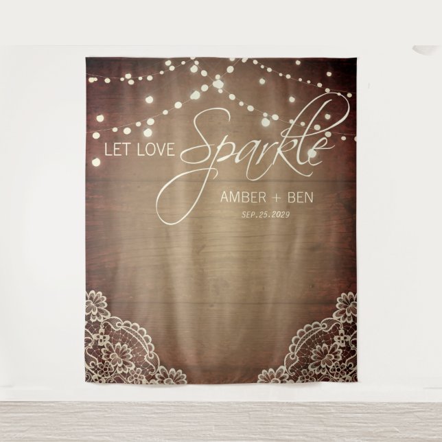 Rustic Barnwood String Lights Lace Custom Wedding Tapestry (Front)