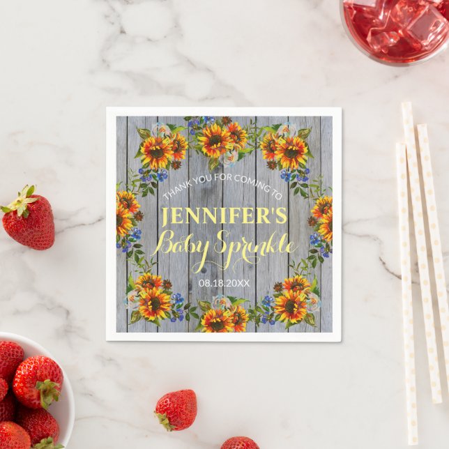 Rustic Barnwood Sunflower Baby Sprinkle Thank You Napkins (Insitu)