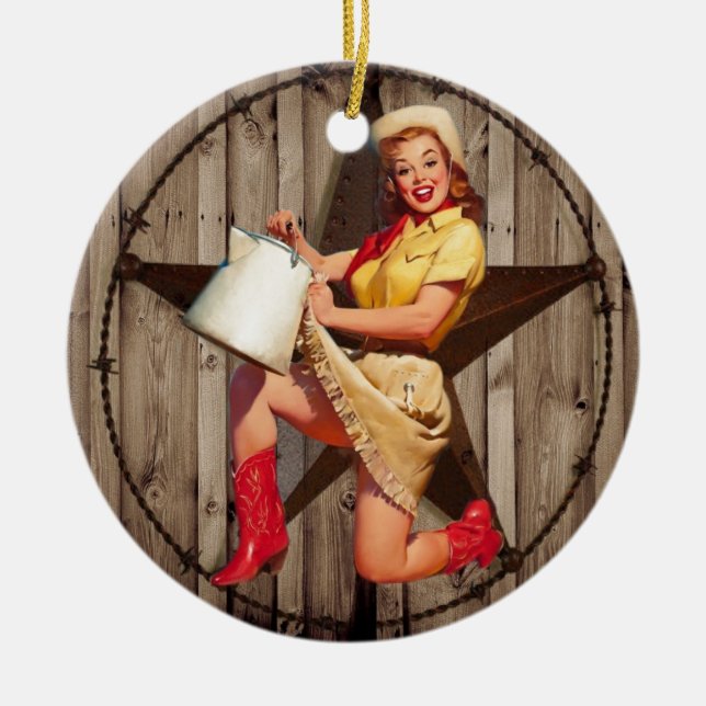 rustic BarnWood texas star western country cowgirl Ceramic Ornament (Front)