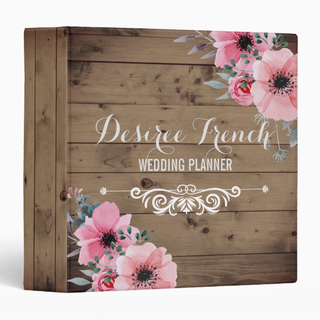 Rustic Barnwood Wedding Planner Pink Floral Binder (Front/Spine)