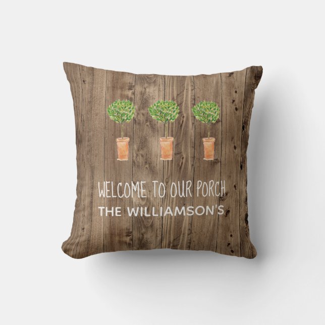Rustic Barnwood  Welcome to Our Porch Family Name  Throw Pillow (Front)