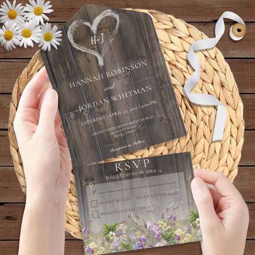 Rustic Barnwood  Wildflowers No Dinner All In One Invitation