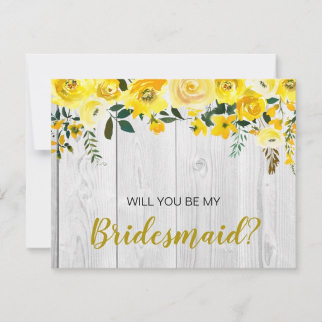Rustic Barnwood Yellow  Floral Bridesmaid Proposal Invitation (Front)