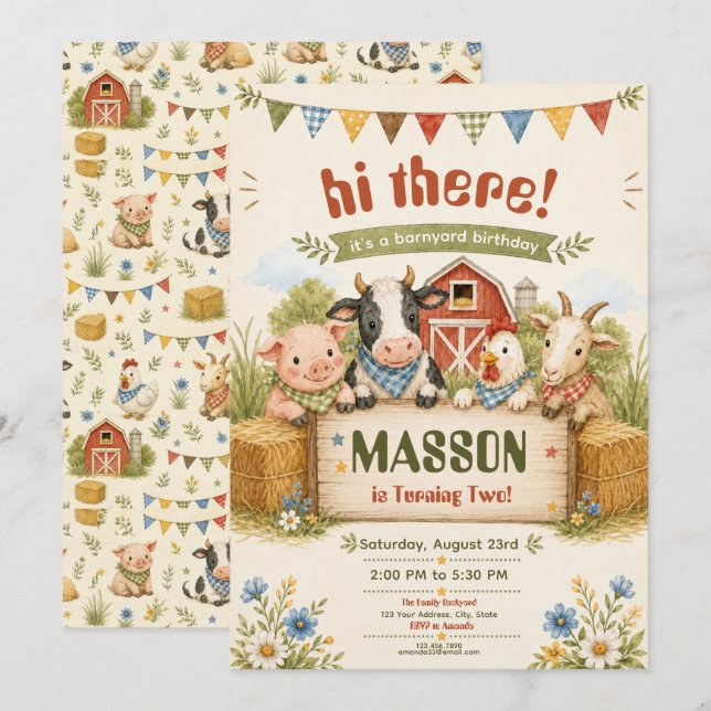 Rustic Barnyard 2nd Birthday kids Party  Invitation (Front/Back)