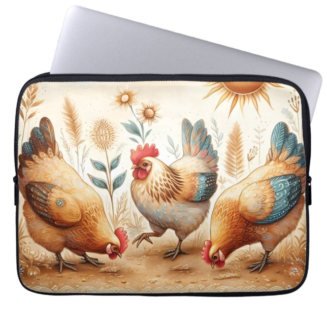 Rustic Barnyard Chickens Boho Laptop Sleeve (Front)