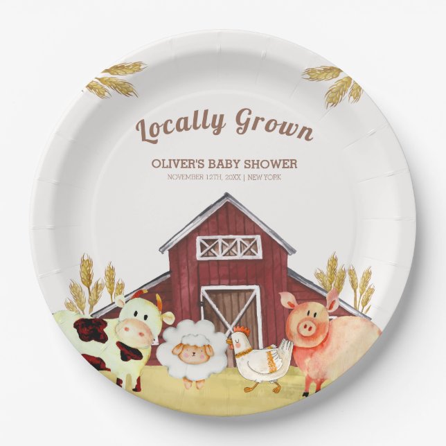 Rustic Barnyard Farm Animals Baby Shower Paper Plates (Front)