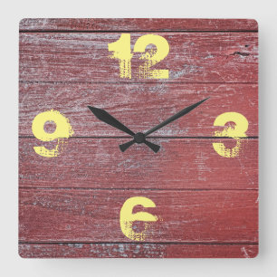 Rustic Barnyard Red Painted Wood. Square Wall Clock