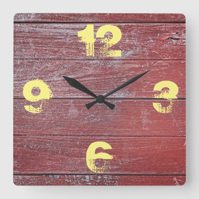 Rustic Barnyard  Red Painted Wood. Square Wall Clock (Front)