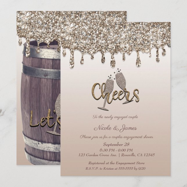 Rustic Barrel Glam Glitter Drip Engagement Party Invitation (Front/Back)