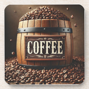 Rustic Barrel of Coffee Beans with Artistic Signag Beverage Coaster