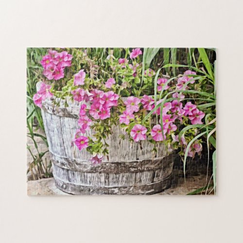 Rustic Barrel of Pink Pansy Flowers Puzzle