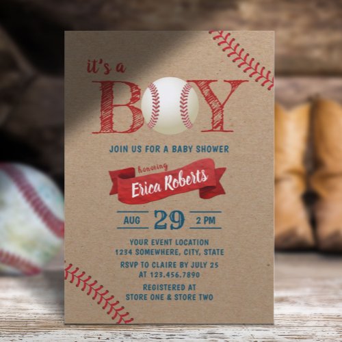 Rustic Baseball Boy Sports Theme Kraft Baby Shower Invitation
