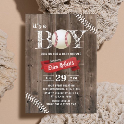 Rustic Baseball Sports Barn Wood Boy Baby Shower Invitation